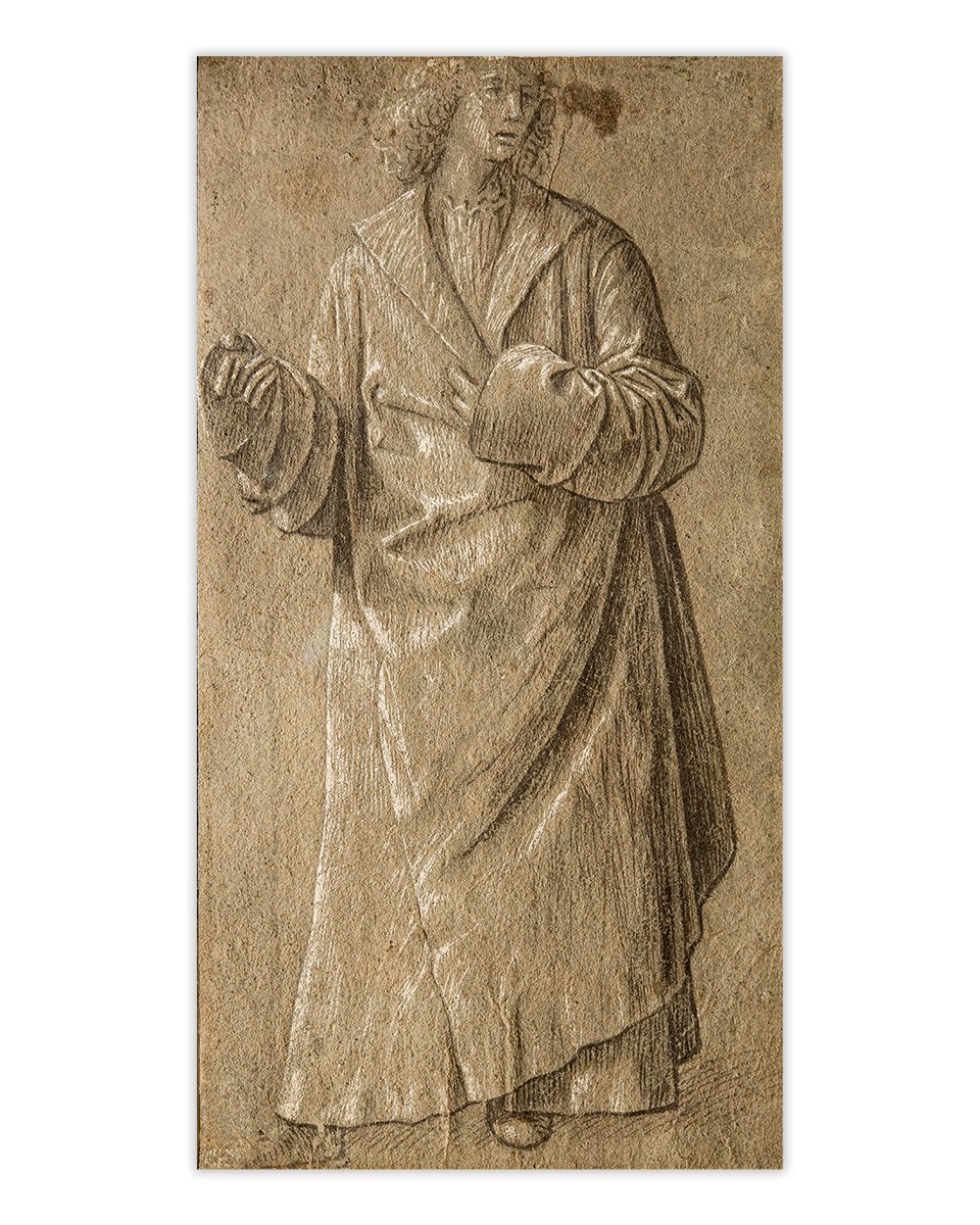 In this late 15th-century drawing, Vittore Carpaccio uses white lead heightening to great effect to create a fuller range of tonal values. The sheet of paper was coloured so that it acts as a middle tone between the white heightening and the dark ink.