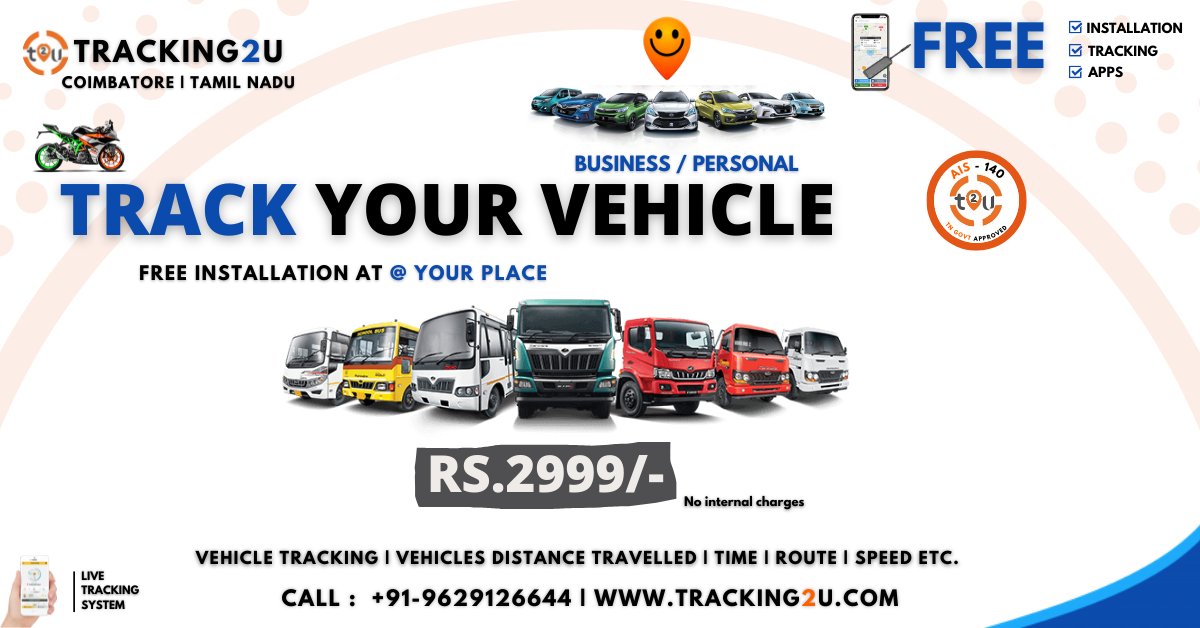 Tracking2u1's tweet photo. Smart way toTrack your #vehicle !!!
GPS vehicle tracking system All Over India
|  Suitable for #Commercialvehicles #Cars #bikes

PH: 9629126644 
Visit https://t.co/dtiO6LWq0Y

#vehicletrackingsystem #festival #gps #tracker #india #coimbatore #india #cbe   #TN #vehiclecctv #GPS https://t.co/KFkIfHIa0N