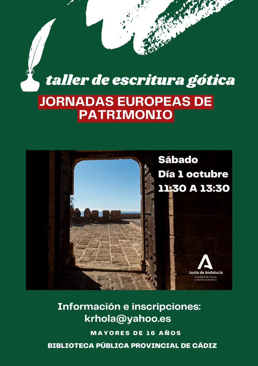 TALLER de ESCRITURA GÓTICA. Conoceremos la evolución de la escritura y aprenderemos a escribir con caligrafía gótica empleando pluma y tinta
🗓️ Sábado 1 de octubre
⏰: De 11:30 a 13:30 h.
Aforo: 15 personas (Mayores de 16 años)
Información e inscripciones: krhola@yahoo.es