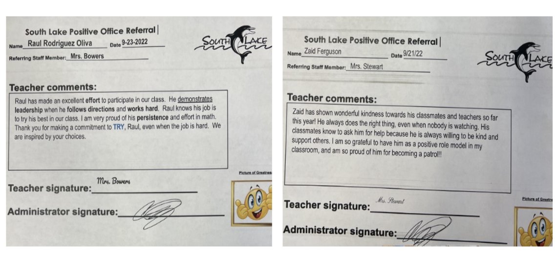 South Lake ES | Positive Office Referrals
In my new role, there are times spent in restorative circles to building relationships &amp; redirect behaviors BUT, there are other times I GET TO SIGN POSITIVE OFFICE REFERRALS  - thank you PBIS Team! 
#lunchwiththeASA