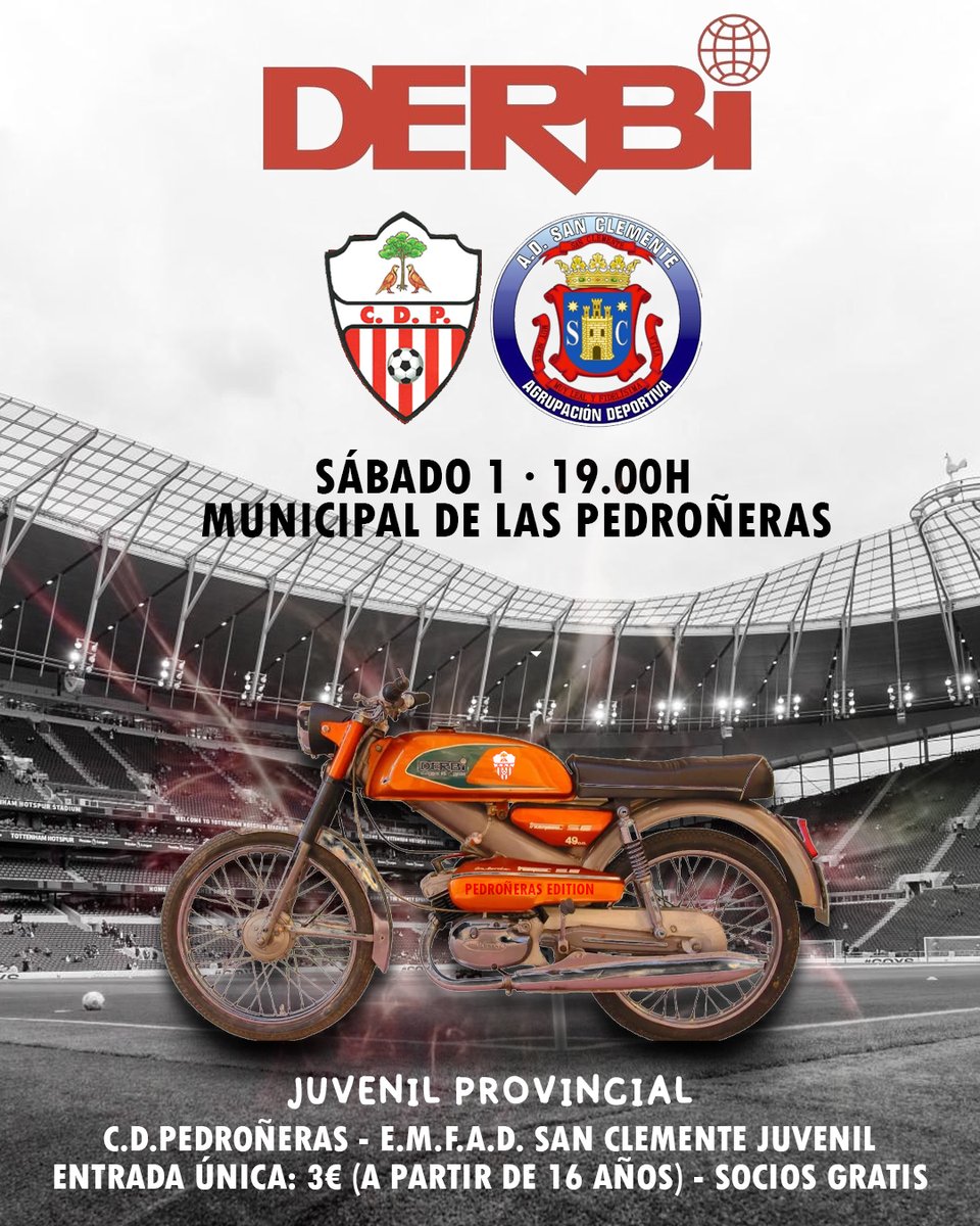 CDPedroneras's tweet photo. 🏍️ Juvenil Provincial | J2

Se viene el 𝕯𝖊𝖗𝖇𝖎 de la Mancha
🗓️ Sábado 1
⌚ 19:00H
🏟️ Municipal de Las Pedroñeras
🆚 @AD_SanClemente 

Os esperamos a tod@s!!!!
#SomosCDP 🔴⚪🏍️ https://t.co/VqCR82cBIb