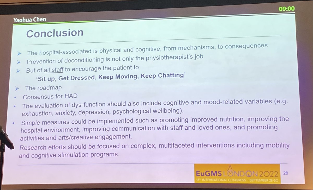 vickymgibson's tweet image. Hospital associated deconditioning:

•Prevention of deconditioning is not only the physiotherapists job

•A multi-faceted approach is necessary

#eugmscongress2022 #eugms2022