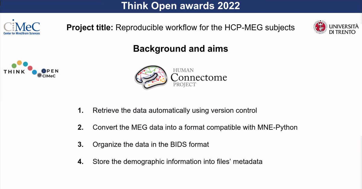 cimec_unitrento's tweet image. ,@marco_bedini, PhD Student at @baldauflab, presents &quot;Reproducible workflow HCP-MEG subjects&quot;, a combination of open source tools for extraction, transformation and loading of MEG data from @HumanConnectome, using @datalad and @BIDSstandard #ETL

#OpenScience #ThinkOpen #cimec