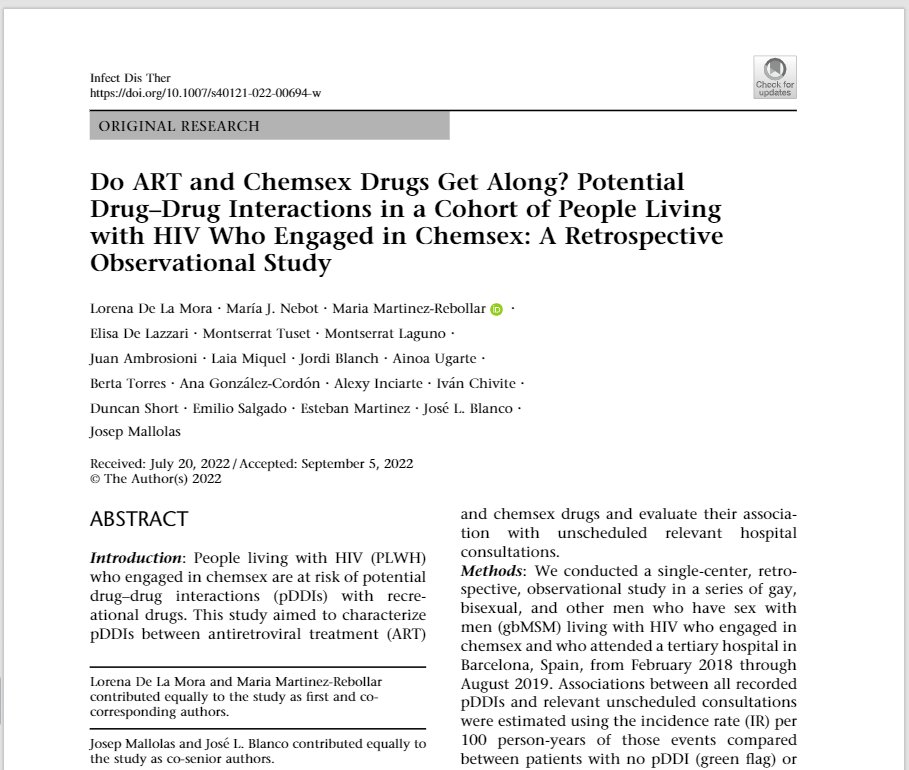 BcnVih's tweet photo. 🔝 Nueva publicación de nuestro equipo sobre las potenciales interacciones farmacológicas entre las drogas utilizadas en la práctica del #chemsex y el #TARV: "Do #ART and Chemsex Drugs Get Along?..." 
Léelo aquí: https://t.co/3OTuQmcWON 
#PLWH @gTtVIH @GAISPOSITIUS @StopsidaONG https://t.co/pvKFC5aeqa