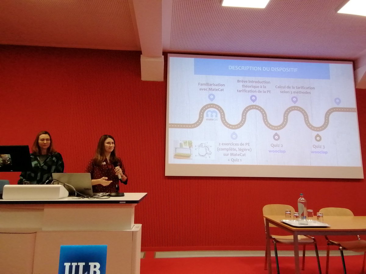 FTI_UNIGE's tweet photo. Notre collègue TIM @sabrinagirletti et @marieaudelefer @UCLouvain_be présentent leur expérience menée en Master1 sur la #tarification de la #postedition, au colloque @ULBruxelles #Enseigner la #traduction et l' #interpretation à l'heure #neuronale.
#rémunération #équitable https://t.co/jwVcVmqRkJ