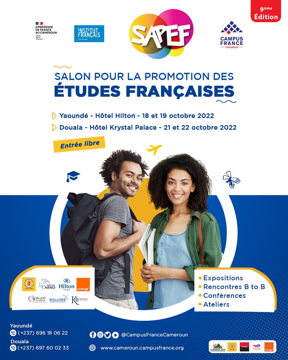 CampusFranceCam's tweet photo. Prenez rendez-vous le SAPEF revient...
Exclusivité, nous serons  à Yaoundé et à Douala
#RendezVousEnFrance
#CampusFranceCameroun
#FranceAlumniCameroun 
#InstitutFrançaisduCameroun
#AmbassadeDeFranceAuCameroun https://t.co/6KyubaF6BW