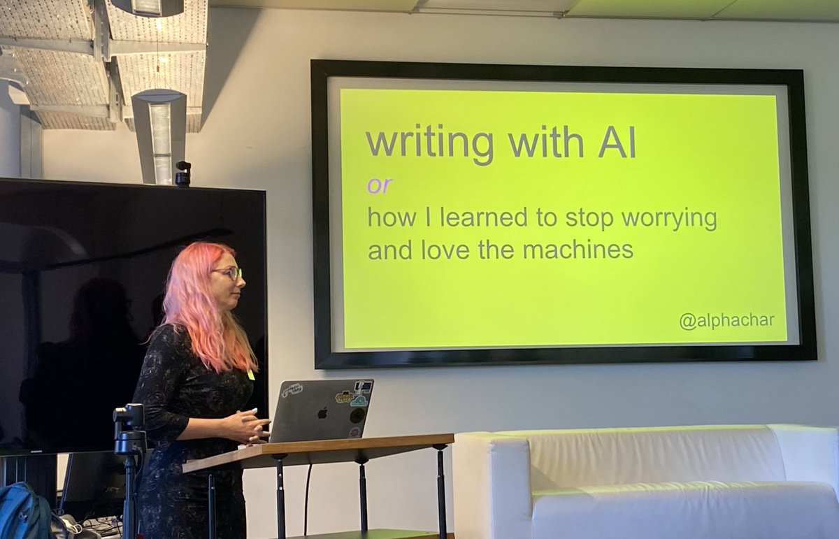 Super cool talk by <a href="/alphachar/">Char</a> now at the #cor2022. Creative writing using AI and procedurality. Check writewithlaika.com to see some really cool ways to write using “Dracula’s brain”, for example!