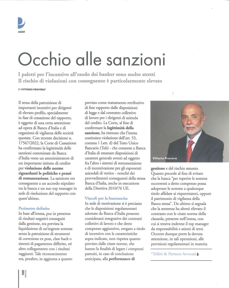 Su #PrivateMagazine, l’Avv. Vittorio Provera analizza la recente #sentenza della #Cassazione riguardante le sanzioni comminate da #BancaDItalia verso il CEO di un istituto di credito per aver violato le norme di remunerazione