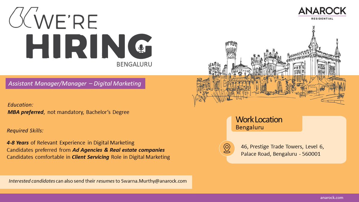 ANAROCK's tweet photo. #Hiring Alert! #Namaskara #Bengaluru
Chance to make an impact on your career graph truly?
#Applynow #job
Documents Required
CV, Last 3 month's pay slips, Appointment letter, Increment letter, Aadhar & PAN Card
#hiringnow #jobs #jobopening #work #valuesovervalue #anarock #hiring https://t.co/Gna8NWUDlW