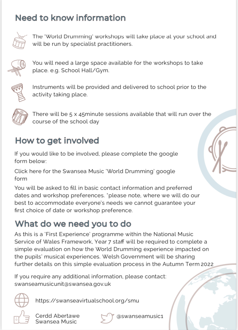 Swansea Music: Music within the Expressive Arts AoLE, opportunities for Y7
World Drumming Month October 2022
As part of the New National Music Service, Swansea Music are teaming up with community organisations and professional practitioners.🏴󠁧󠁢󠁷󠁬󠁳󠁿🎶🥁🎶🛢🎶🪘🎶🏴󠁧󠁢󠁷󠁬󠁳󠁿