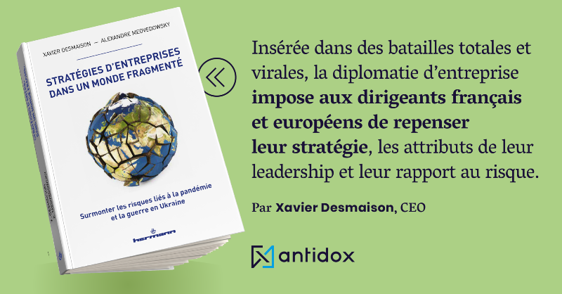 Antidox's tweet photo. Antidox est fier de vous annoncer la sortie d’un livre reliant #géopolitique et #stratégies d'entreprises aux @EditionsHermann.

Co-écrit par le Président de @network_esl @AlexMedvedowsky &amp; notre CEO @XavierDesmaison, il aborde les risques liés à la pandémie et la guerre en 🇺🇦 👇