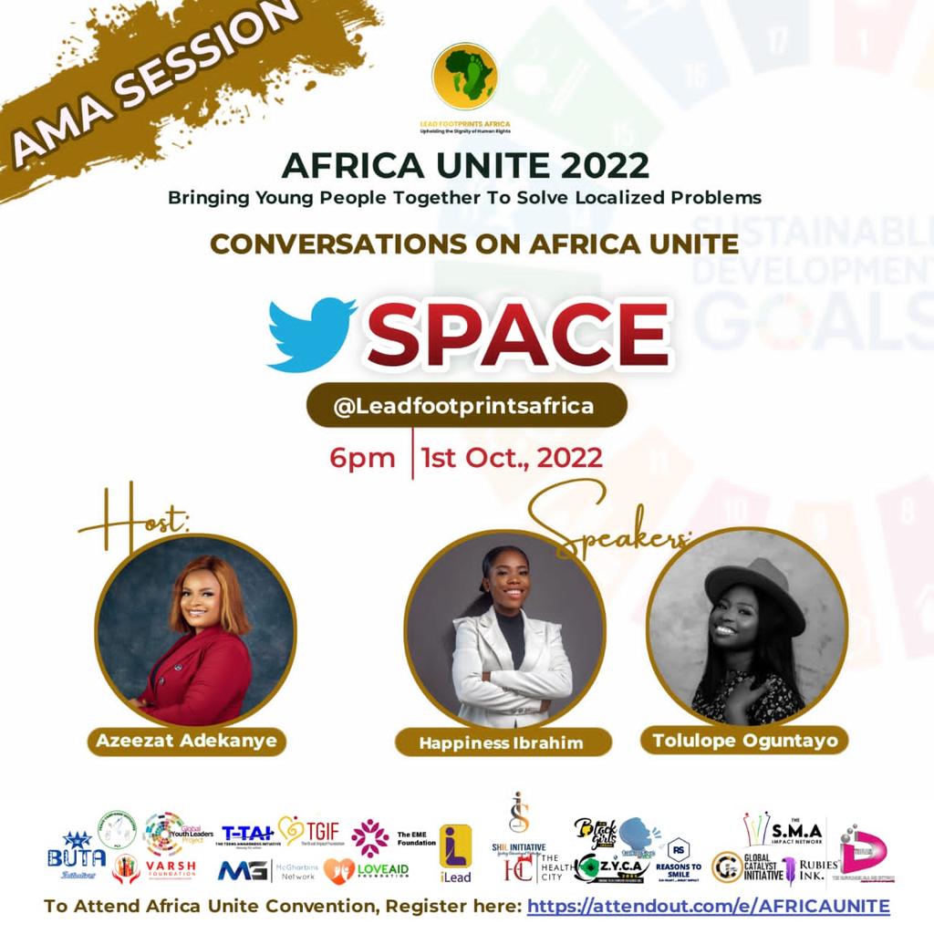 Africa Unite is fast-approaching.

Are you still confused and wondering what it's all about? 

Join our conservations on Twitter at 6pm on the 1st October, 2022.

Don't miss it.

Register for the event here
attendout.com/e/AFRICAUNITE