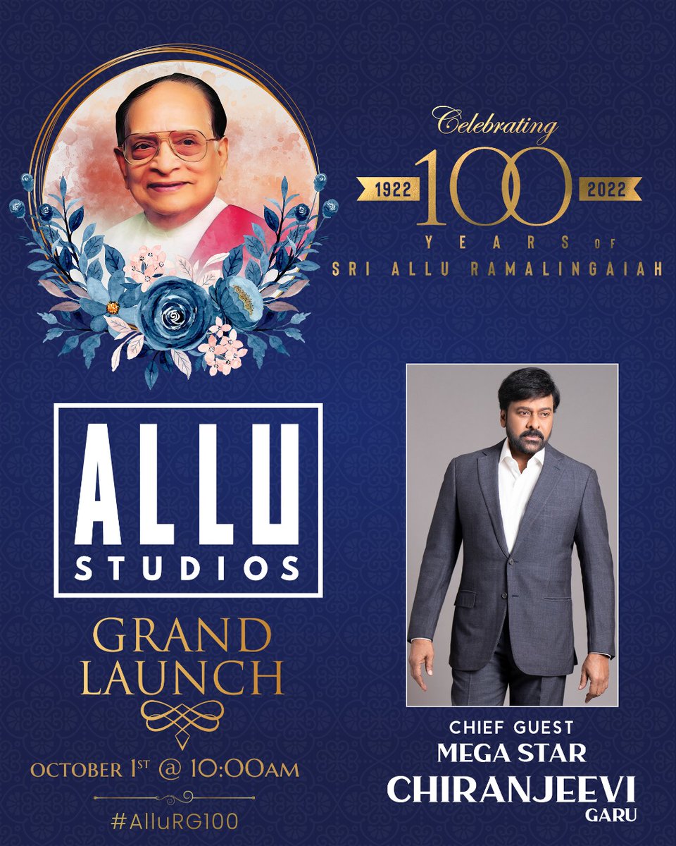 imsarathchandra's tweet photo. On the eve of #AlluRamalingaiah garu’s 100th birth anniversary, Megastar @KChiruTweets garu will launch @AlluStudios tomorrow @ 10 am.

The entire family will be present to celebrate the occasion and the new milestone.

#AlluRG100 ✨ https://t.co/WpW3Oqs1Fc