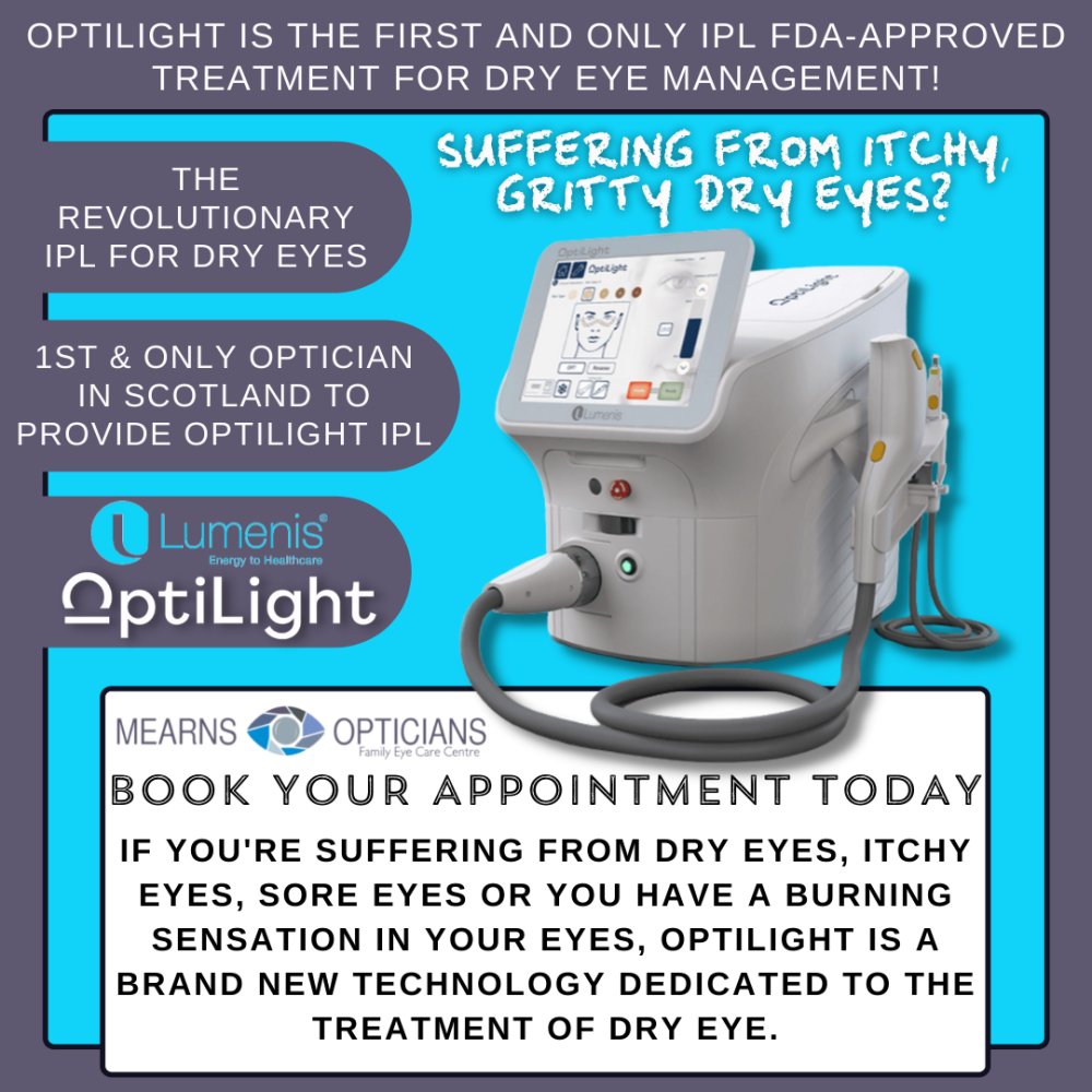 mearnsopticians's tweet photo. Introducing the Lumenis Optilight #IPL. If you suffer from itchy eyes, gritty eyes, red eyes or dry eyes... Book your appointment today https://t.co/6mvaVZuKeL #OptiLight #DryEye #Optometry #Mearns #Lumenis #MearnsOpticians #DryEyeManagement https://t.co/UcM6OvCZ1b
