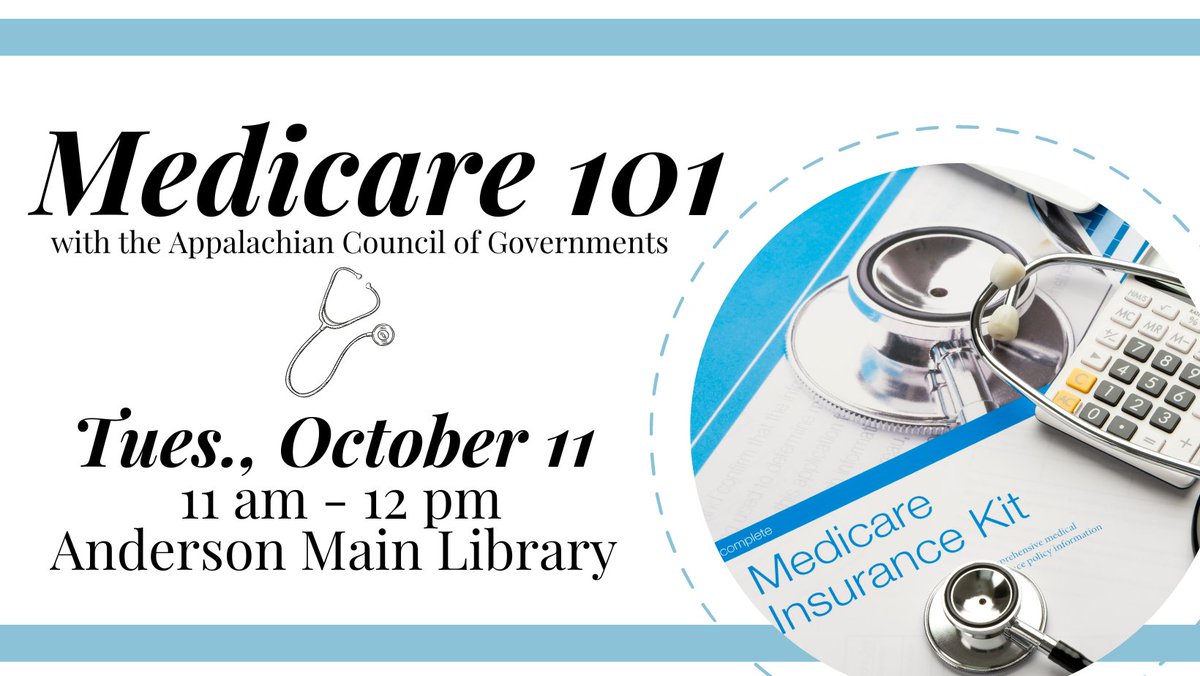 Anderson County Library System (@andersonsclib) on Twitter photo Are you turning 65? Are you new to Medicare? Do you know your Medicare plan options and deadlines? Join Kim Reyes, a benefits counselor with <a href="/SCACOG/">Appalachian COG</a>, to answer these questions and more.
Ensure your spot by registering at bit.ly/3y2X9gE. Are you turning 65? Are you new to Medicare? Do you know your Medicare plan options and deadlines? Join Kim Reyes, a benefits counselor with <a href="/SCACOG/">Appalachian COG</a>, to answer these questions and more.
Ensure your spot by registering at bit.ly/3y2X9gE.