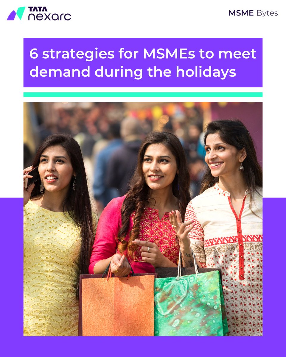 Tatanexarc's tweet photo. In this week's #MSMEbyte we look at 6 #strategies for helping MSMEs cope with the rising demand during this festive season. Read more here π https://t.co/8voNcYd8EZ
#Tatanexarc #AccelerateGrowth #SmallBusiness #EmergingBusiness #MSME #BusinessStrategy #FestiveSeason #Festival https://t.co/FFRANyvjg2