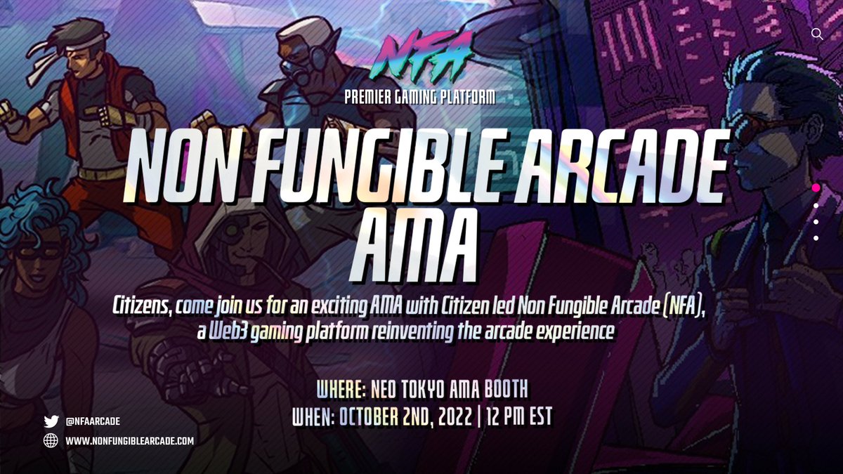 🚨 NON FUNGIBLE ARCADE - AMA 🚨 Citizens, join us on Oct 2nd @ 4pm UTC in the @NeoTokyoCode AMA booth for an exciting AMA with @NFArcade ! We’ll be talking with founder and elite citizen @DrJPEG_ on his Web3 gaming platform reinventing the arcade experience!👾