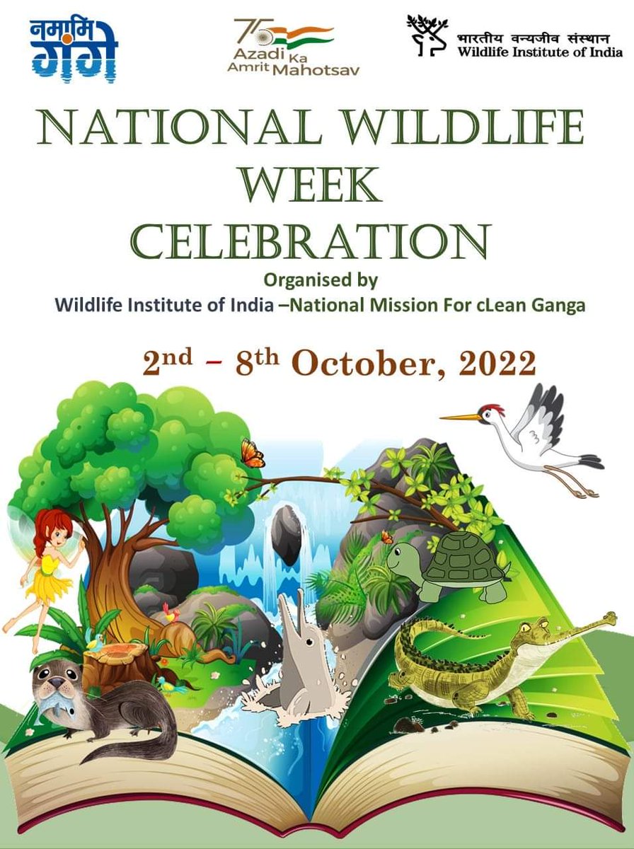 Come and join  'National Wildlife Week Celebration' with different Stakeholders 2nd to 8th October, 2022
Wildlife Institute of India Ministry of Environment, Forest &amp; Climate Change, Government of India Ministry of Jal Shakti,  Department of Water Resources, RD &amp; GR Namami Gange.