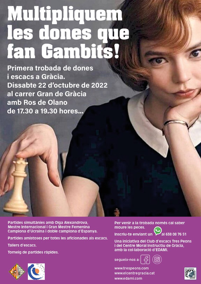 chessolja's tweet photo. Me alegra informaros que el próximo 22 de octubre participaré en un evento de promoción del ajedrez femenino organizado por el Club Escacs Tres Peons, disputando unas simultáneas en un evento con más de 50 mujeres jugando ajedrez. ¡Os esperamos! https://t.co/hc5QLxxGl1