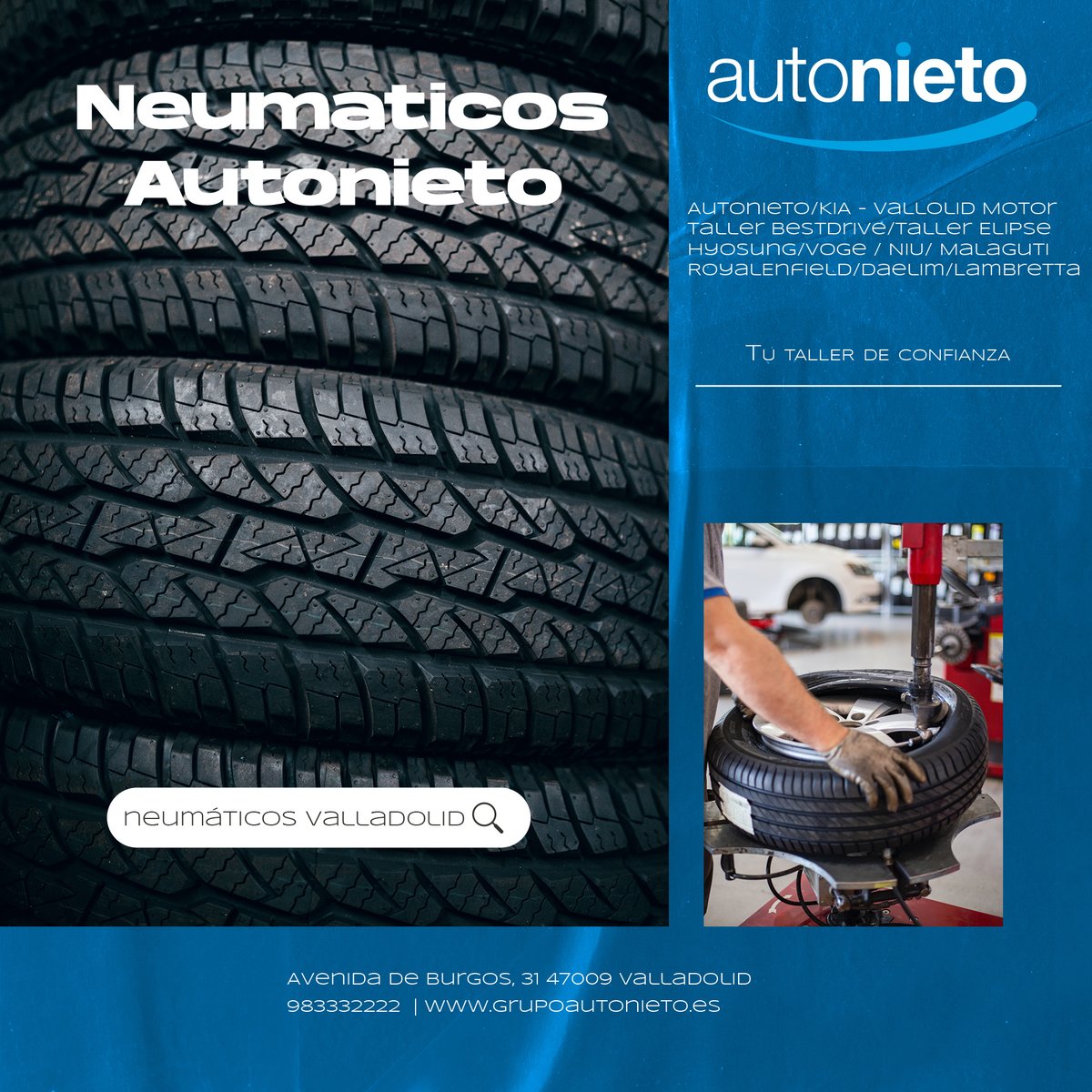 GAutonieto's tweet photo. En Autonieto sabemos que encontrar una marca de neumáticos en Valladolid que se adapte a tu vehículo y que cumpla con unos mínimos de calidad, es una tarea compleja ☑️
👉 Somos distribuidores oficiales de CONTINENTAL, UNIROYAL, BARUM Y MABOR

🔗 https://t.co/axJagK4x3m https://t.co/x1jt1L4htq