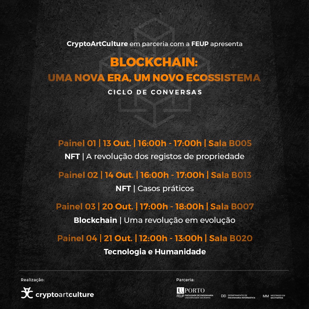 CryptoArtCult's tweet photo. Book the dates in your calendar.

And to stay on top of the latest news in the Blockchain world... 👉 Follow our page!

#technology #blockchain #nft #digitalart #cryptoart #digitalartist #future #porto #portugal https://t.co/L2gpdU84s4