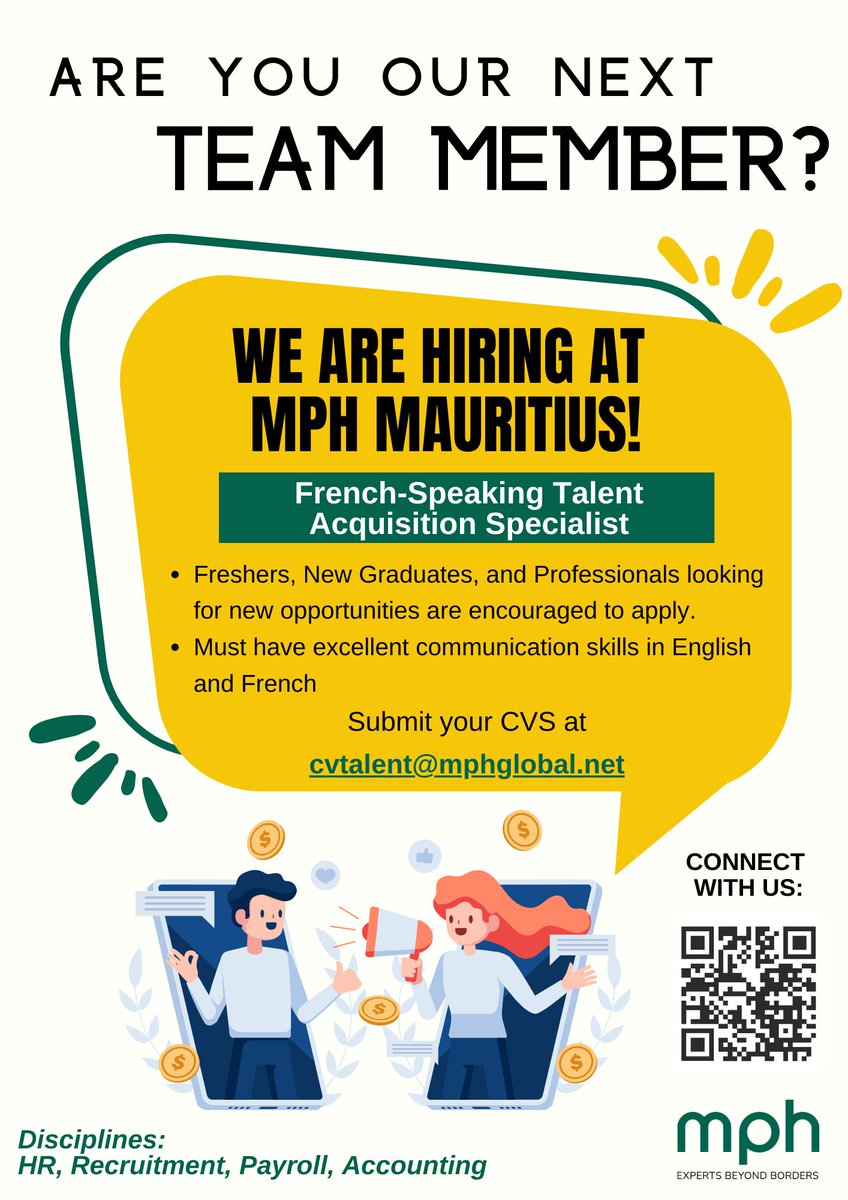 mph_global's tweet photo. #MPHTeam - We are hiring MPH staff! 

📍 Talent Acquisition Specialist in Mauritius 📍

Are you attracted to the recruitment sector, IT savvy and have excellent communication/negotiation skills? 👉 Please send us your CV applications to cvtalent@mphglobal.net

#MPHTeam #MPHFamily https://t.co/HGoAZ7CAA0
