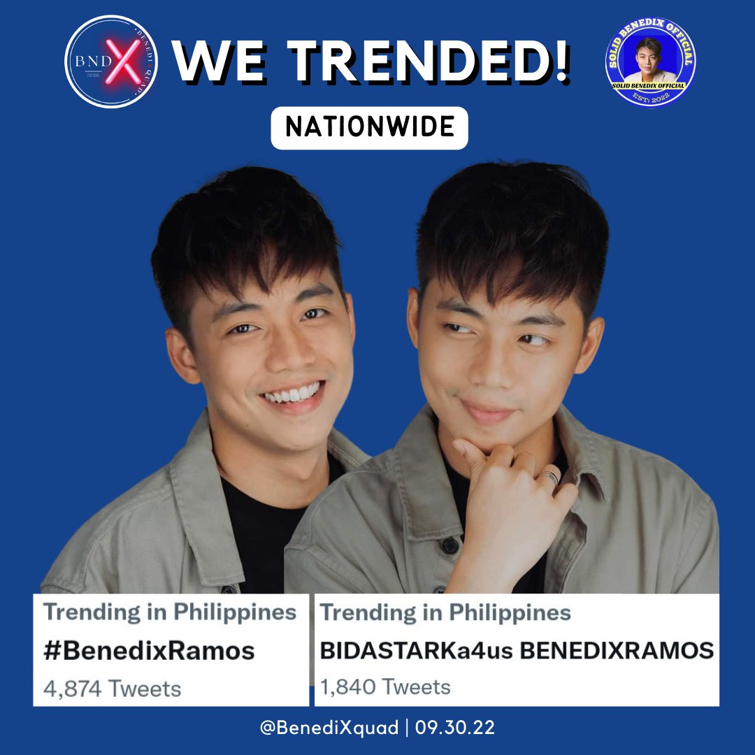 BenediXquad's tweet photo. WE TRENDED! 🥰💙🙌🏻

Thank you so much to everyone who watched the #BidaStarVersus Bagsakan episode for today &amp; joined our Twitter party for our dearest Mahal @BenedixRamos! We appreciate everyone of you! Thank you for all your efforts! 💙

BIDASTARKa4us BENEDIXRAMOS
#BenedixRamos https://t.co/A7LN96TseP
