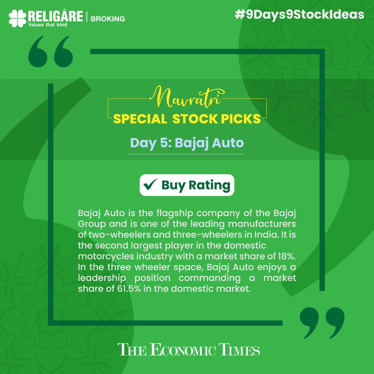 Navratri Special Stock Ideas by Religare Broking

Day 5: Bajaj Auto

Read Here: bit.ly/3Rrgn6z

@EconomicTimes 

#9Days9StockIdeas #BajajAuto #Stocks #StockMarket #Investment #Trading #ReligareBroking