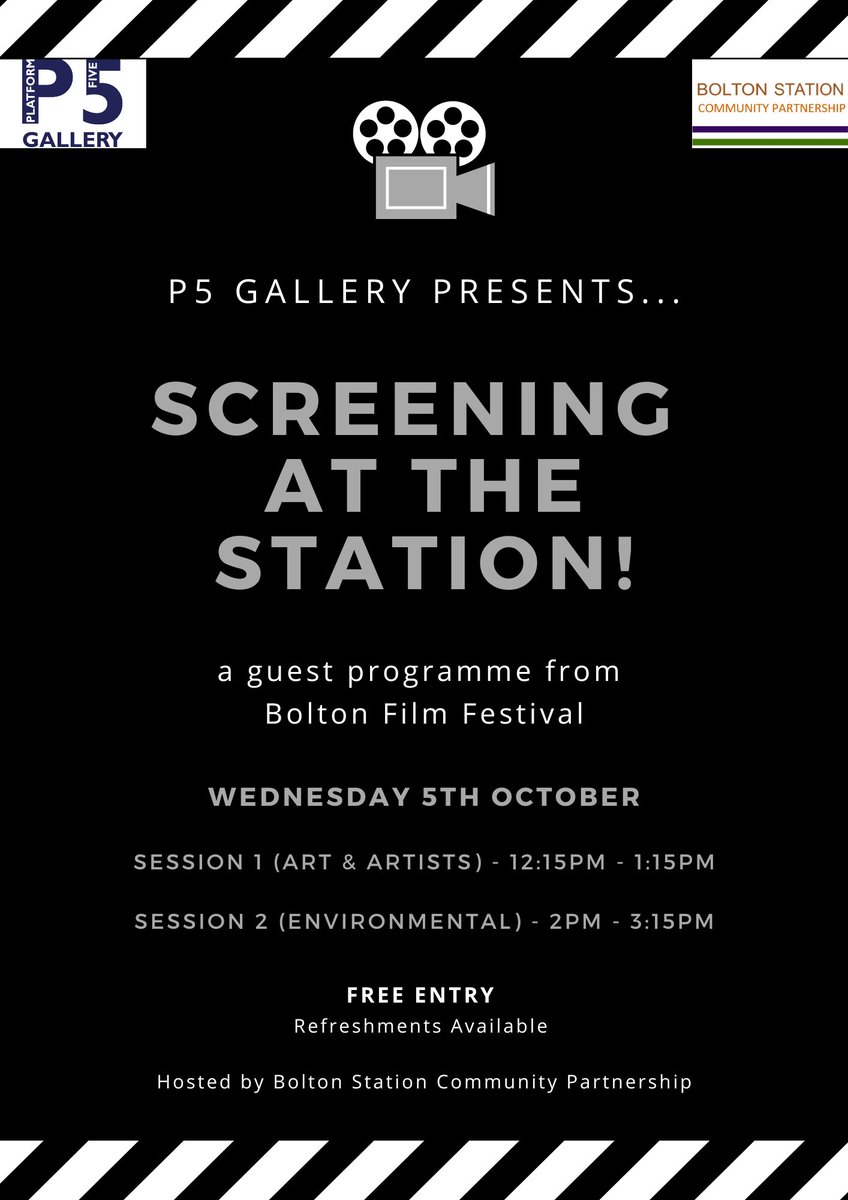 South East Lancashire CRP (@selcrp1) on Twitter photo P5 Gallery Presents⦠āScreening at the Stationā
A guest programme from <a href="/BoltonFilmFest/">Bolton Film Festival</a>
Wednesday 5th October
12:15pm - 3:15pm
Platform 5 Gallery
Bolton Station
Free Entry
Everyone Welcome
Refreshments Provided
Please RVSP to confirm as numbers will be limited P5 Gallery Presents⦠āScreening at the Stationā
A guest programme from <a href="/BoltonFilmFest/">Bolton Film Festival</a>
Wednesday 5th October
12:15pm - 3:15pm
Platform 5 Gallery
Bolton Station
Free Entry
Everyone Welcome
Refreshments Provided
Please RVSP to confirm as numbers will be limited