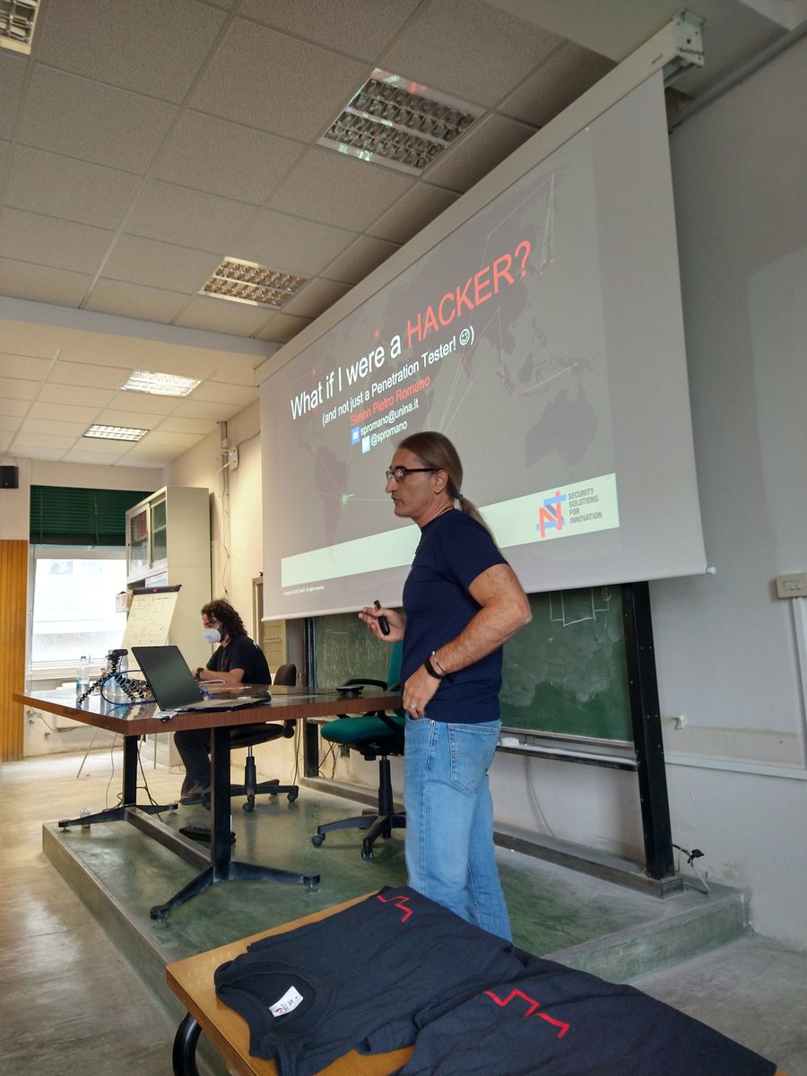 napoli_lug's tweet photo. Simon Pietro Romano (UniNa) - What if I were a hacker (and not just a penetration tester) @spromano 
#road2nohat #r2nh di #BITMhacklab
@napoli_lug 
@UninaIT 
@CyberHackAdemy 
#hacker #penetrationtester #security #nalug #ldna22 https://t.co/jtSJbhCSU3
