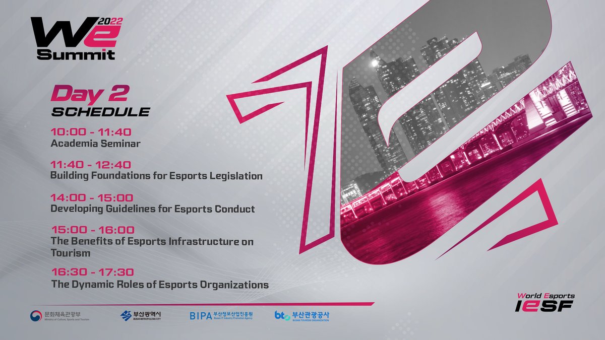 iesf_official's tweet photo. On today's agenda we have the following topics (10AM KST):

⚜️ Building Foundations for Esports Legislation
⚜️ Developing Guidelines for Esports Conduct
⚜️ The Benefits of Esports Infrastructure on Tourism
⚜️ The Dynamic Roles of Esports Organizations

#WorldEsports #IESF #WES22 https://t.co/CjiIh25lxR