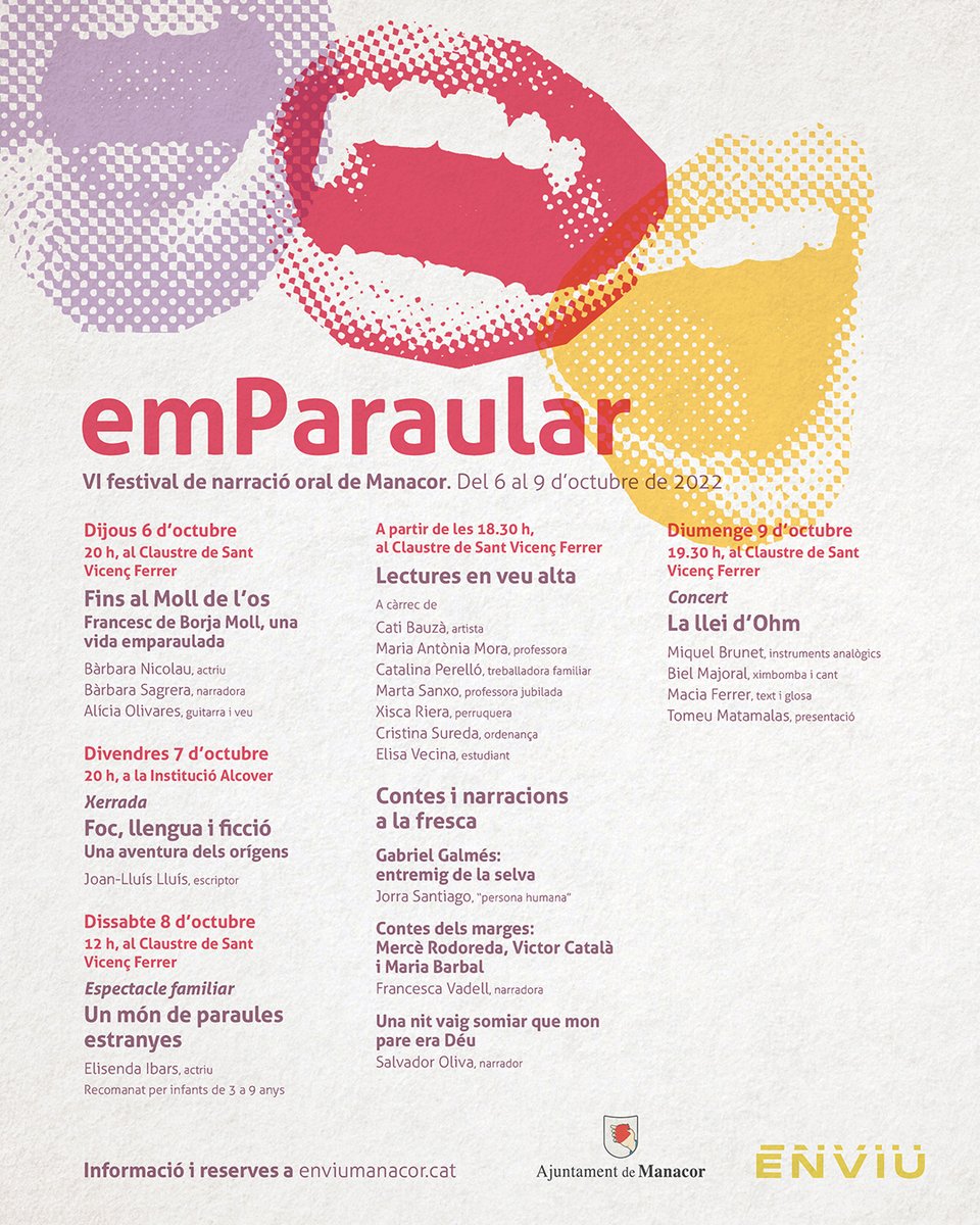 ajManacor's tweet photo. 🗣 Torna el festival més particular de l'escena cultural del Llevant: 'emParaular'

💬 La paraula no escrita pren el protagonisme a Manacor, del 6 al 9 d'octubre 

💬 8 propostes artístiques al voltant de la narració oral 

ℹ  https://t.co/Fo8XFkkGnt
.
.
.
#emParaular
#FeimPoble https://t.co/lghuuXJhzn