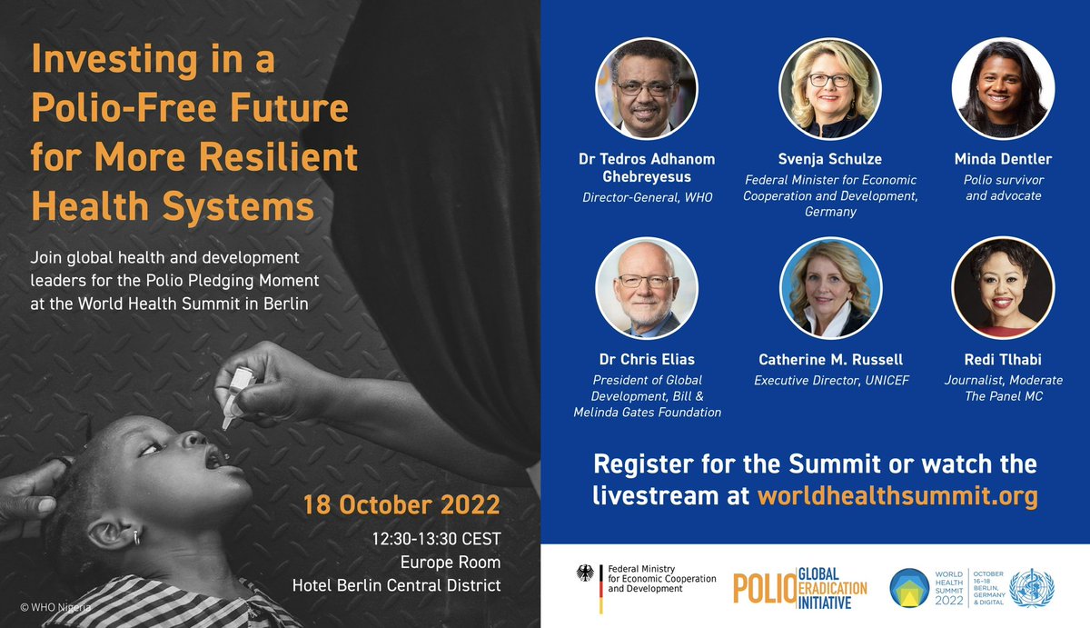 WHOAFRO's tweet photo. Together, we can deliver a world 🌍 without #polio.

Join global leaders, polio eradication partners and donors on 18 October at #WHS2022 for the polio pledging moment as they commit the funding needed to #EndPolio everywhere, for good ✅

➡️ https://t.co/7uKtjvcPUl https://t.co/LX659o4uQT