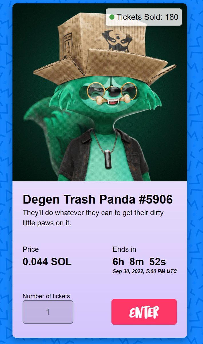 FlippinRabbits's tweet photo. Flippin' Raffle Reminder 🚨

Only 6 hours left to participate our Degen Trash Panda raffle!

Only 180 tickets have been sold, winning chances are incredibly high!

1 ticket = 0.044 SOL 🔥

Buy your raffle ticket before it is too late 😉

Link: https://t.co/bDRtF3ECLe

#WAGFI 🐰 https://t.co/qJxMRc0bhb