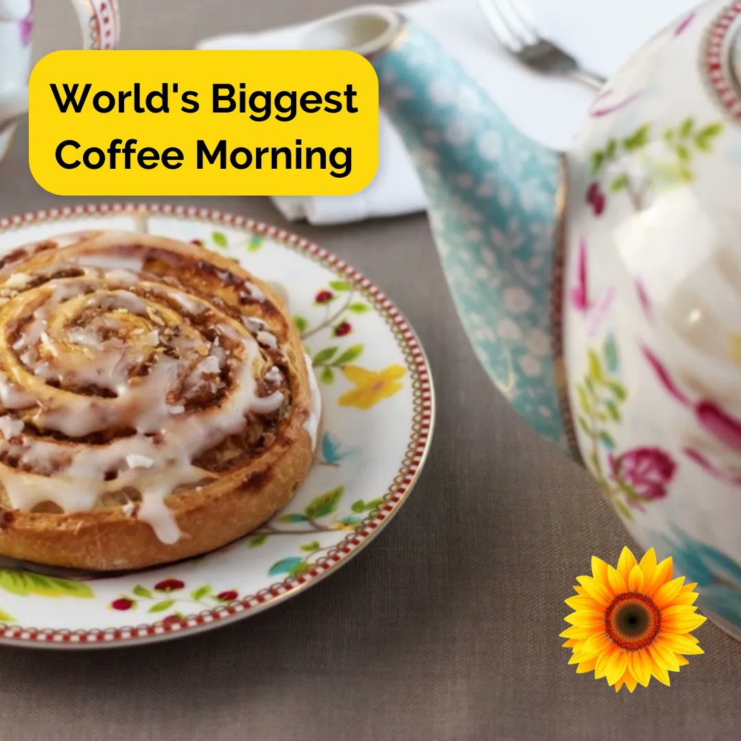 Good luck - and THANK YOU - to anyone running an event for the #WorldsBiggestCoffeeMorning today! ☕️🍰
WBCM has been running since 1990 and has raised over £290 million for #Macmillan, to support people living with cancer, a cause close to our hearts 💚 
#SunflowerEventTeam🌻