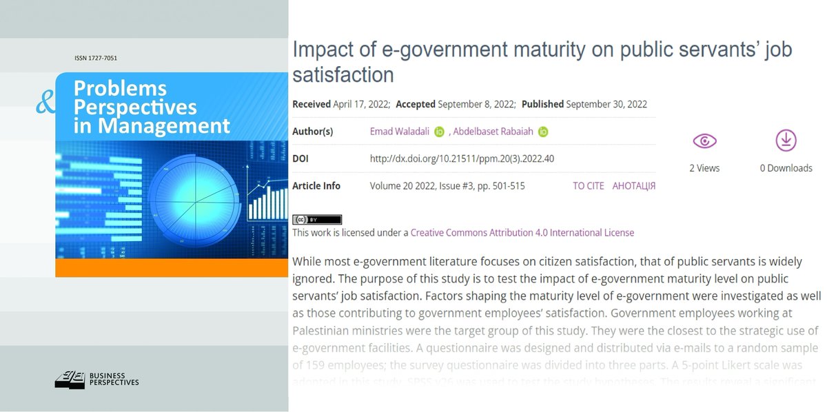 PPM_Journal's tweet photo. ๐ https://t.co/F81GU9MBrQ
๐ Impact of e-government maturity on public servantsโ job satisfaction
๐ฅ Emad Waladali, Abdelbaset Rabaiah
#externalefficiency #goodgovernance #internalefficiency #leadership #model #publicservants #satisfaction https://t.co/F1UQlVJfYL
