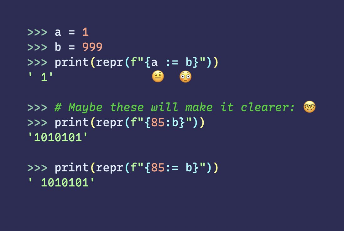 nedbat's tweet image. Sometimes compact syntax collides in surprising ways. Don't try to be too tricky!
More explanation: github.com/python/cpython…