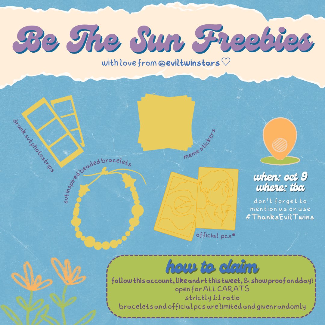 EvilTwinStars's tweet photo. #BETHESUNinMNL

Be The Sun in Manila Giveaway by @haniegyucart &amp; @sugahandler 🌙

hey caratdeul! we’ll be roaming around moa and handing out these freebies on Day 2 (Oct. 9) 🥰 kindly see the poster below for more details !

— pls like and rt to spread 🫶🏼 https://t.co/TDTdSf4hnZ