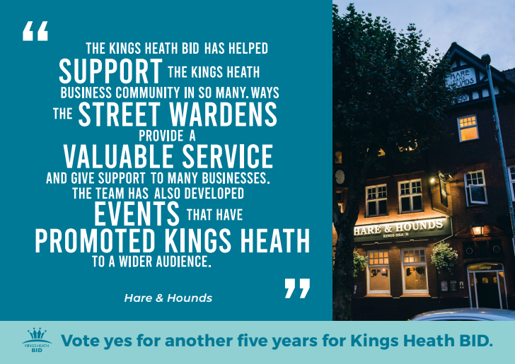 *Voting is OPEN* The Kings Heath BID has helped promote businesses to a wider audience, helping with the reputation and development of the area! Encourage your business community to #VoteYes for another five years for #KingsHeathBID to continue these developments👏