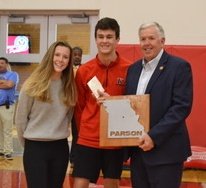 KHSPLTW's tweet photo. @kwoodschools @PLTWorg Students, Brooke B. and Ben W., present MO Gov. Parson with a plasma cut sign of the state on cherry wood and a 3D printed seal of the state as he recognized @khspioneers for being awarded the National Blue Ribbon in Education! https://t.co/Dhu8e8Lc3U