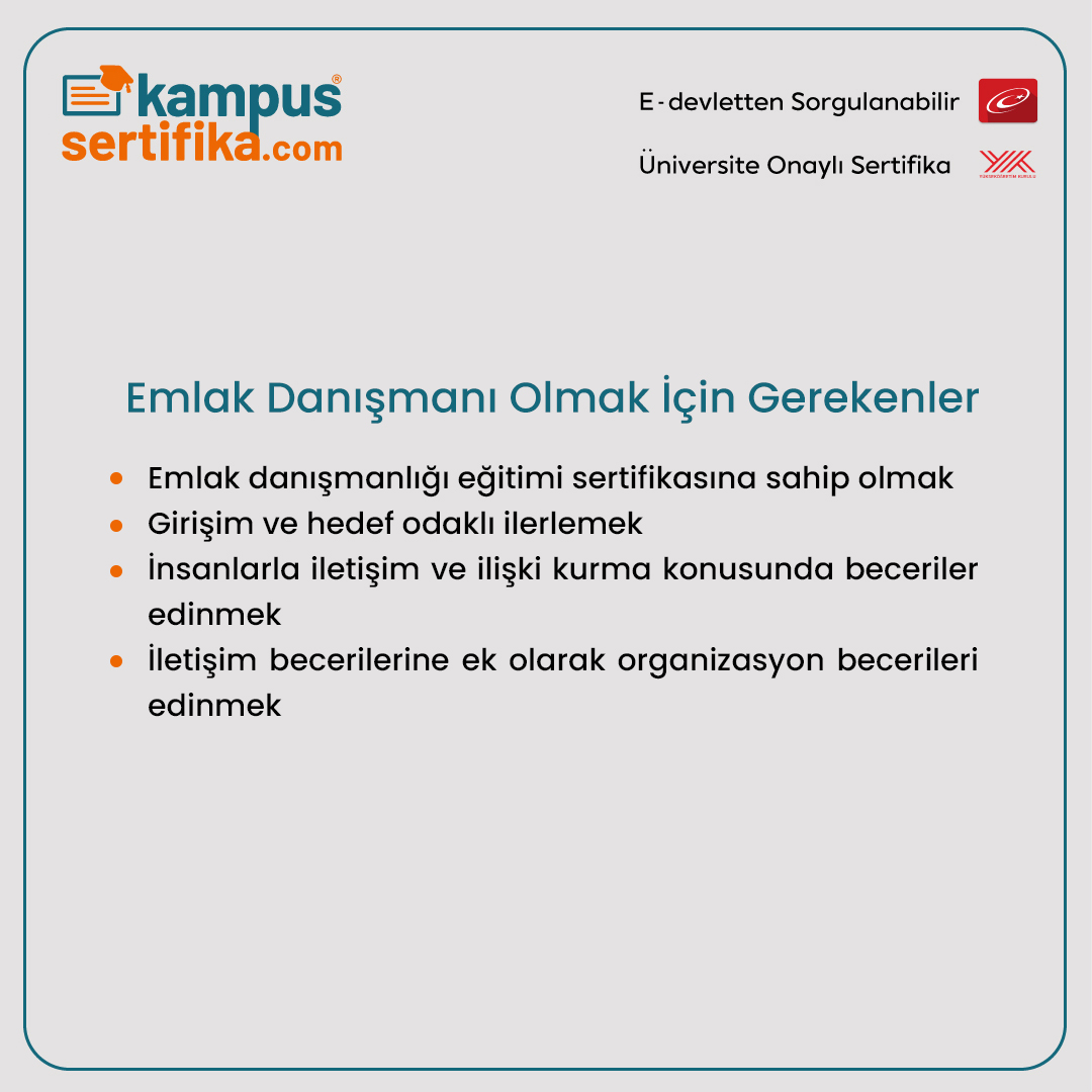 E-Devlet'ten sorgulanabilir ve
Üniversite Onaylı Emlak Danışmanlığı Sertifika ile MYK
Seviye 4 ve Seviye 5 için eğitim altyapısı oluşturabilir,
İl Ticaret Müdürlüklerinden bu sertifika ile Yetki
Belgenizi alabilirsiniz.

#emlak #emlakdanismanligi #unıversıteonaylisertifika