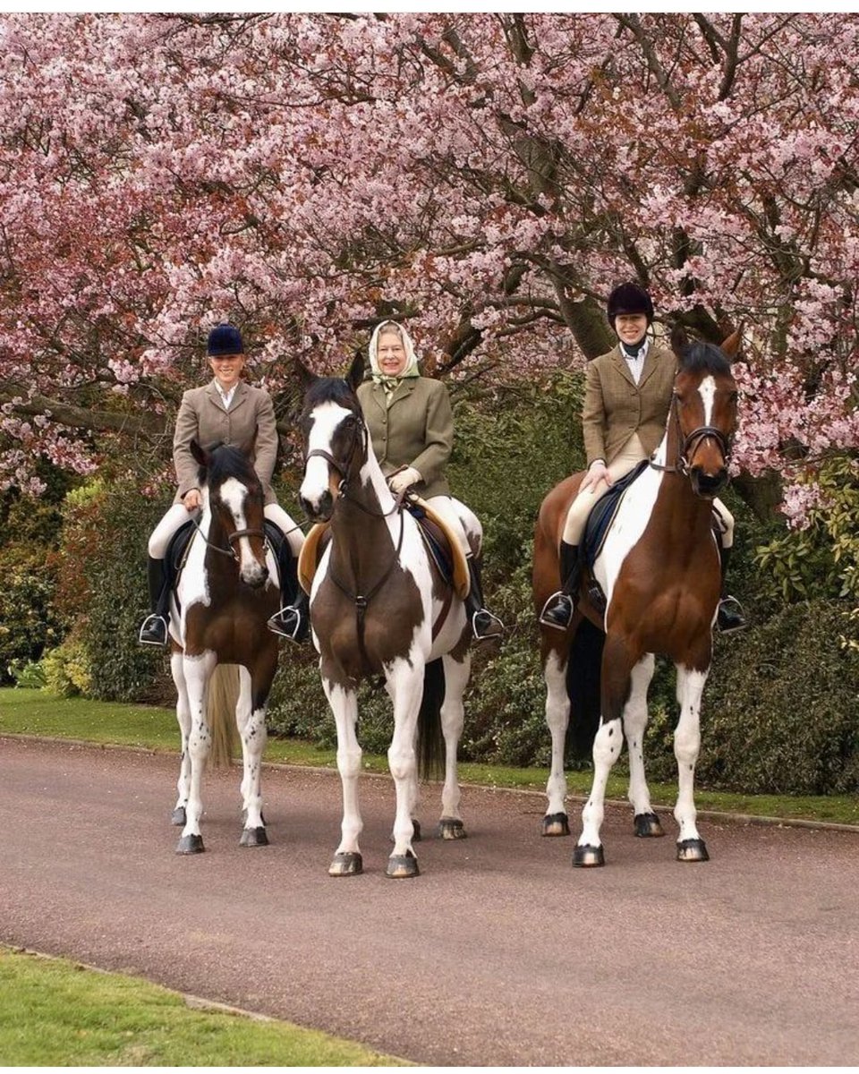 VLoveRoyalWorld's tweet photo. Queen Elizabeth with her daughter Princess Anne, The Princess Royal and granddaughter Zara Tindall pictured while horseback riding at Windsor Castle in April 2004 🏇🌸 

Elizabeth riding Tinkerbell, Anne riding Peter Pan and Zara riding Tiger Lily! https://t.co/GHRG5eHTO6