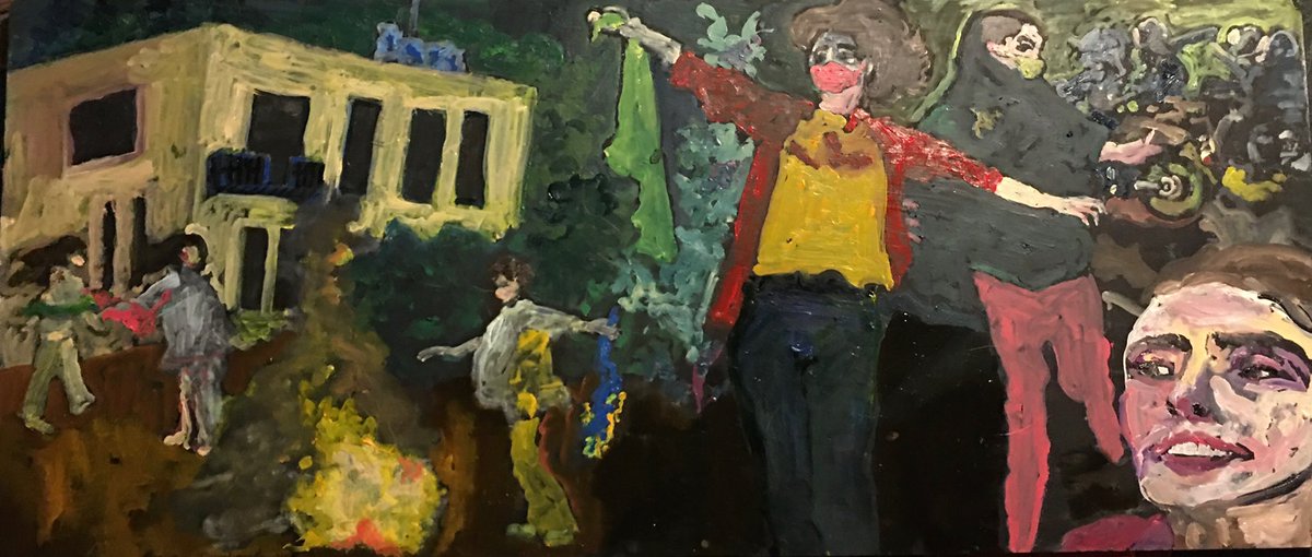 amitallman1's tweet photo. Ami Tallman: burning their hijabs 
oil on foamcore 
21” x 9 inches 
#amitallman #bluechipaf  #earnesty #irrigourous @rexatious #feyfists #womenartists #prettyviolent #artcentermfa #iran #persia #hijab https://t.co/ZNTzaIrC3Y