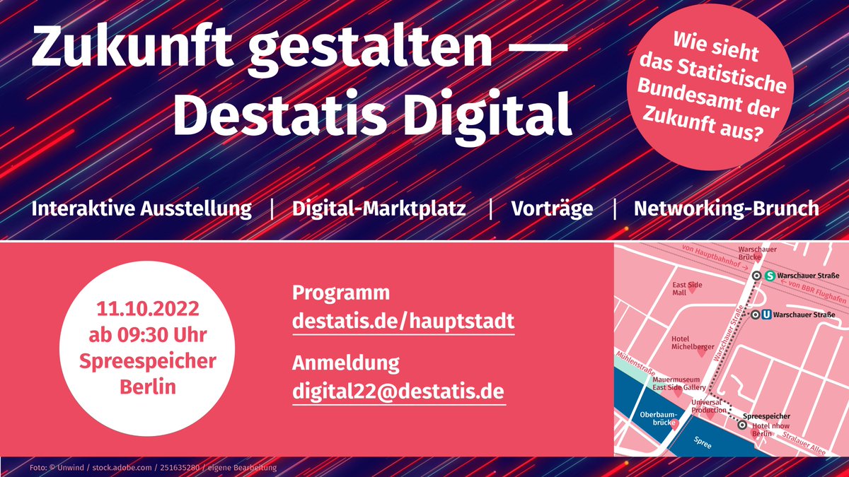 Sie wollen mitdiskutieren, wie ein Statistikamt der Zukunft aussehen soll? Sie wollen hören, wie #machinelearning und #bigdata die Arbeit von Destatis verändern?
Am 11.10. laden wir zu DESTATIS DIGITAL ein. Testen Sie unsere digitalen Produkte! Mehr:  destatis.de/hauptstadt