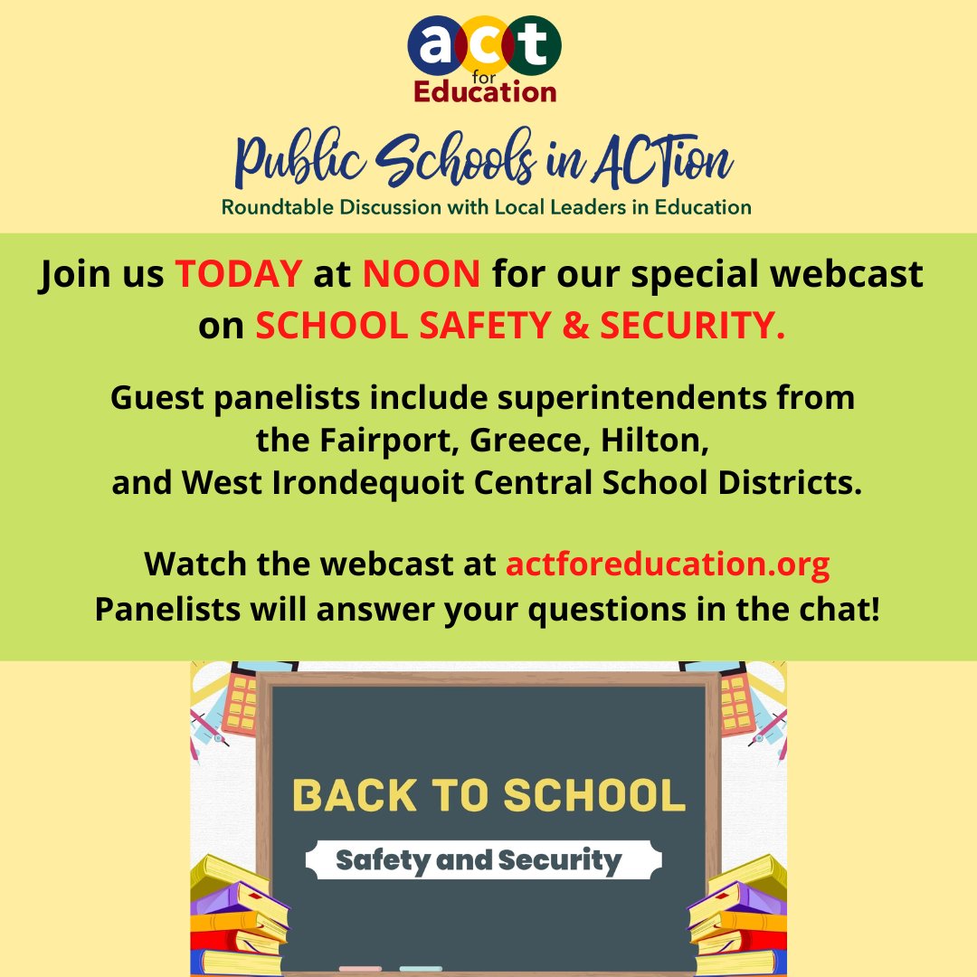 Act4Ed's tweet photo. Join us TODAY at NOON to learn about ways that our local public schools are providing safety and security for students and staff. The webcast is open to all and can be viewed at https://t.co/K9EwKZMrtR. Join the conversation and ask your questions in the chat! #ACT4ED https://t.co/HugiW3SlHt