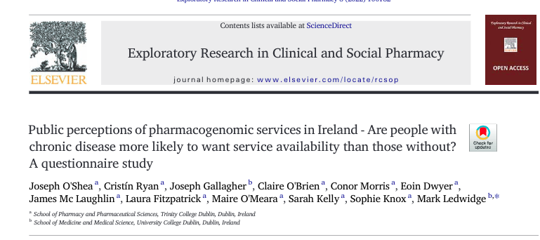 JosephCOShea's tweet photo. 🚨 PhD Publication: 
We assessed public perceptions of #pharmacogenomic services in Ireland. Interestingly, respondents with chronic disease were over two times more likely to want service availability than those without: https://t.co/TkKfiJ7uTW https://t.co/D49goalJSu