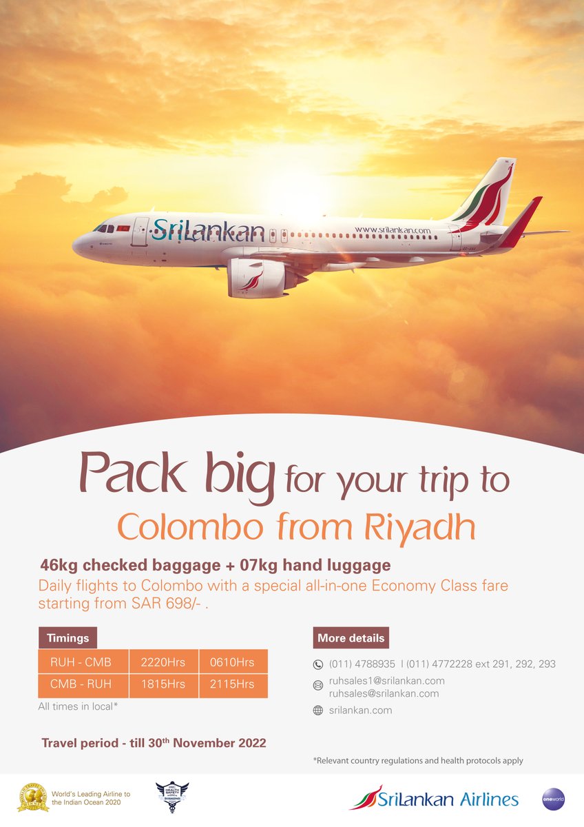 Santhaj's tweet photo. #Riyadh to #Colombo at just SAR 698! 
with 46kg Checked and 7kg Hand Luggage!

Book now on https://t.co/WSRpIXMAaJ | Visit SriLankan Airlines - Riyadh or your nearest travel agent.

#SriLankanAirlines #ULRUH https://t.co/aM4gX6yUcb