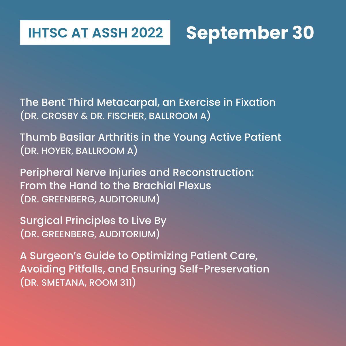 INhand2shoulder's tweet photo. It’s day two of the American Society for the Surgery of the Hand’s 77th annual meeting in Boston.
Here’s a quick view of what IHTSC’s specialists will discuss during today’s sessions.
#ASSH22 #ASSHMeeting #ASSHinBoston #HandDoctors #HandSurgeons #HandExperts #HandSpecialists https://t.co/ZZ2KEaT9bK