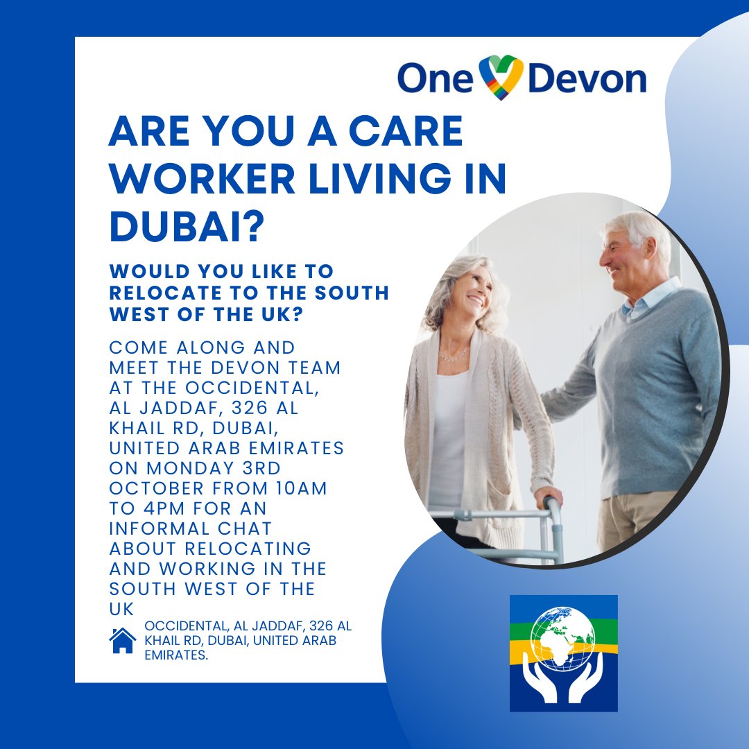 Are you a care worker living and working in Dubai? 

Would you like to relocate to the South West of the UK? 

Come and meet the team for an informal chat about our careworker roles. 
#CareworkersinDevon #DubaiCareworkers