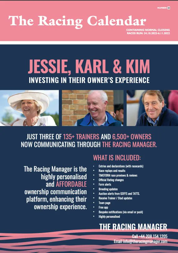 RacingManagerHQ's tweet photo. Front page feature on the @weatherbysltd 24/10/22 - 06/11/22 digital racing calendar 🐎 

We would love to hear from anyone who is interested in what we can offer and help you invest in your owner's experience.
#TheRacingManager #OwnTheAction 
👉 https://t.co/jPcitJ3HsB https://t.co/eA2izR7L8w